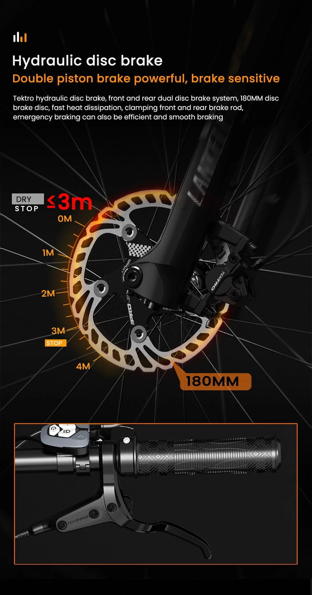 Freno a disco e leva bici, misura 180mm, con indicatore di frenata.