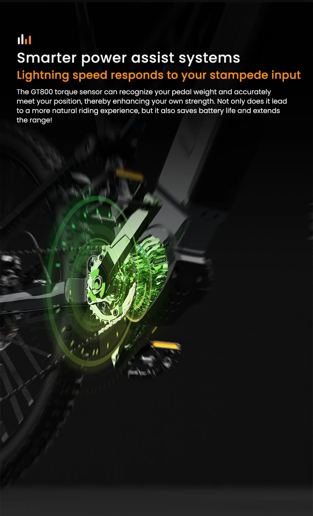 Primo piano della guarnitura di una e-bike con accenti verdi luminosi.