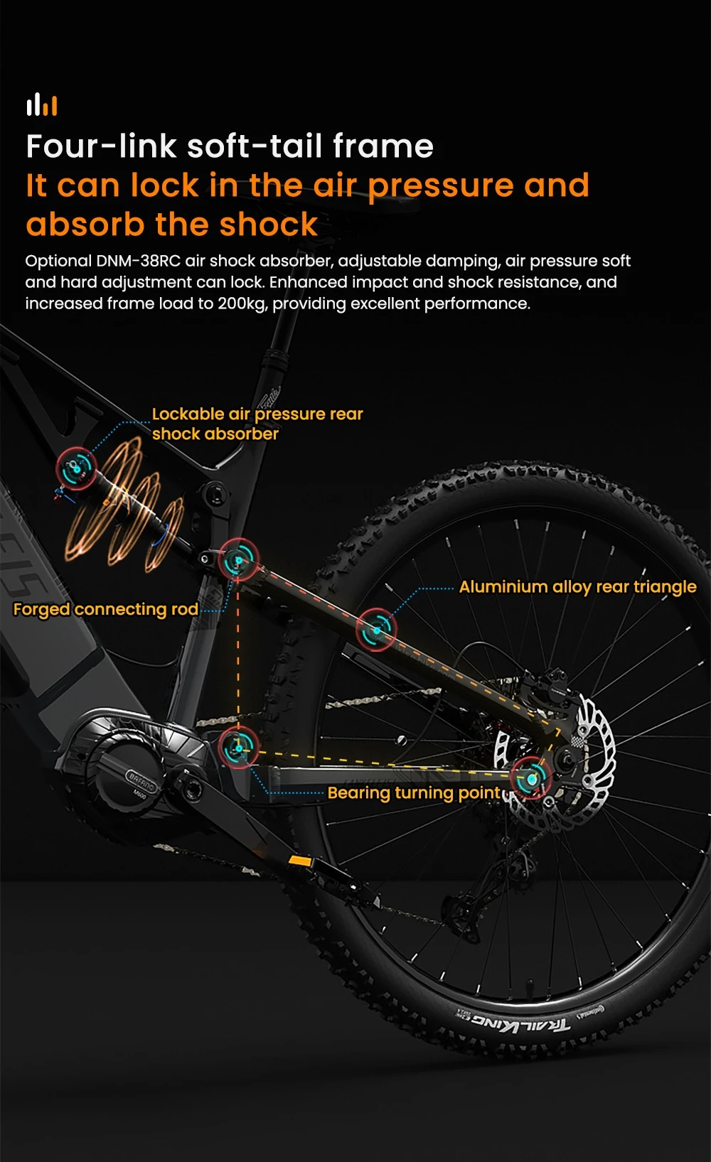 Primo piano del sistema di sospensione posteriore di un telaio di bicicletta con etichette.