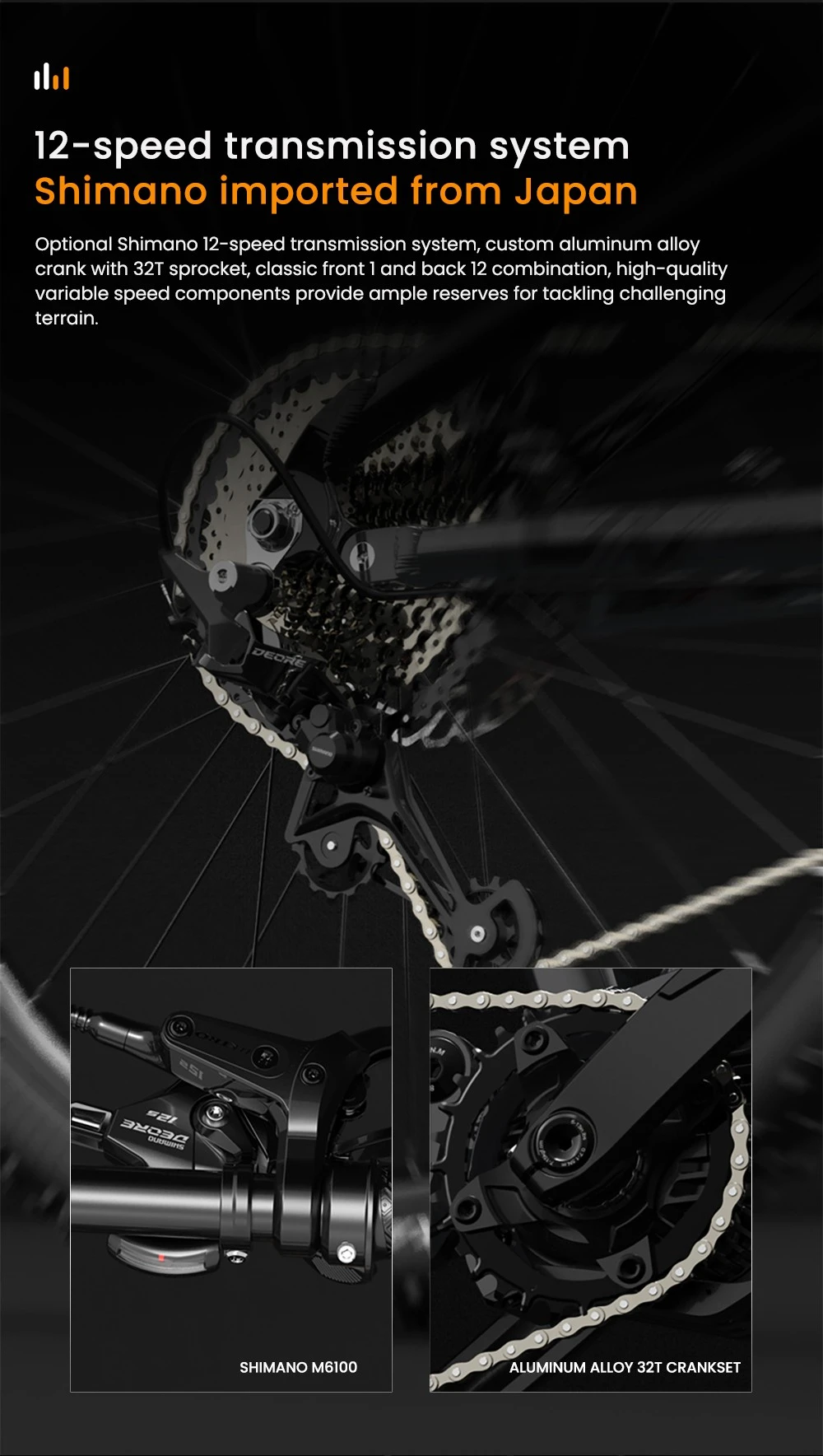 Deragliatore Shimano a 12 velocità, guarnitura e cambio.