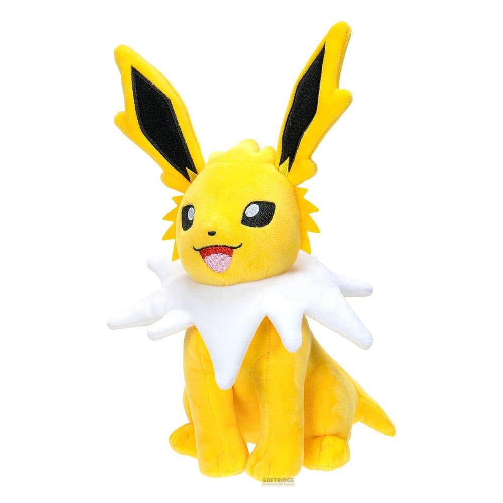 Ein gelbes Jolteon-Plüschtier mit großen spitzen Ohren und weißem Kragen sitzt.