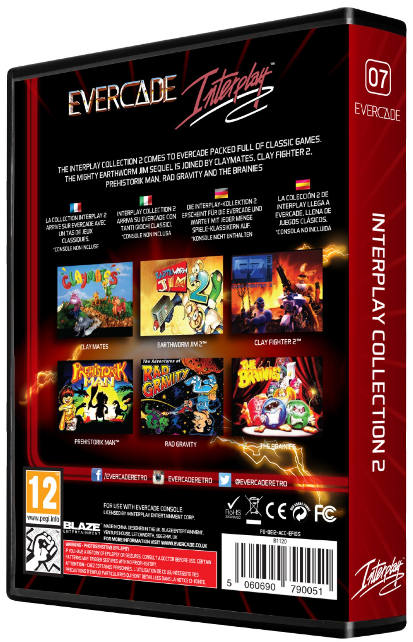 Custodia Evercade Interplay Collection 2 con copertine: Claymates, Earthworm Jim 2, Clay Fighter 2, Prehistorik Man, Rad Gravity, The Brainies.