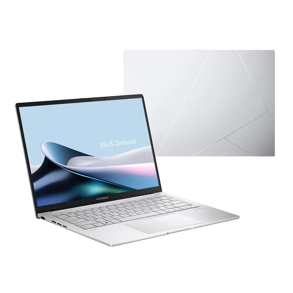 Asus Zenbook logosunu gösteren aydınlatmalı klavyeli ve ekranlı gümüş renkli Asus Zenbook dizüstü bilgisayar.