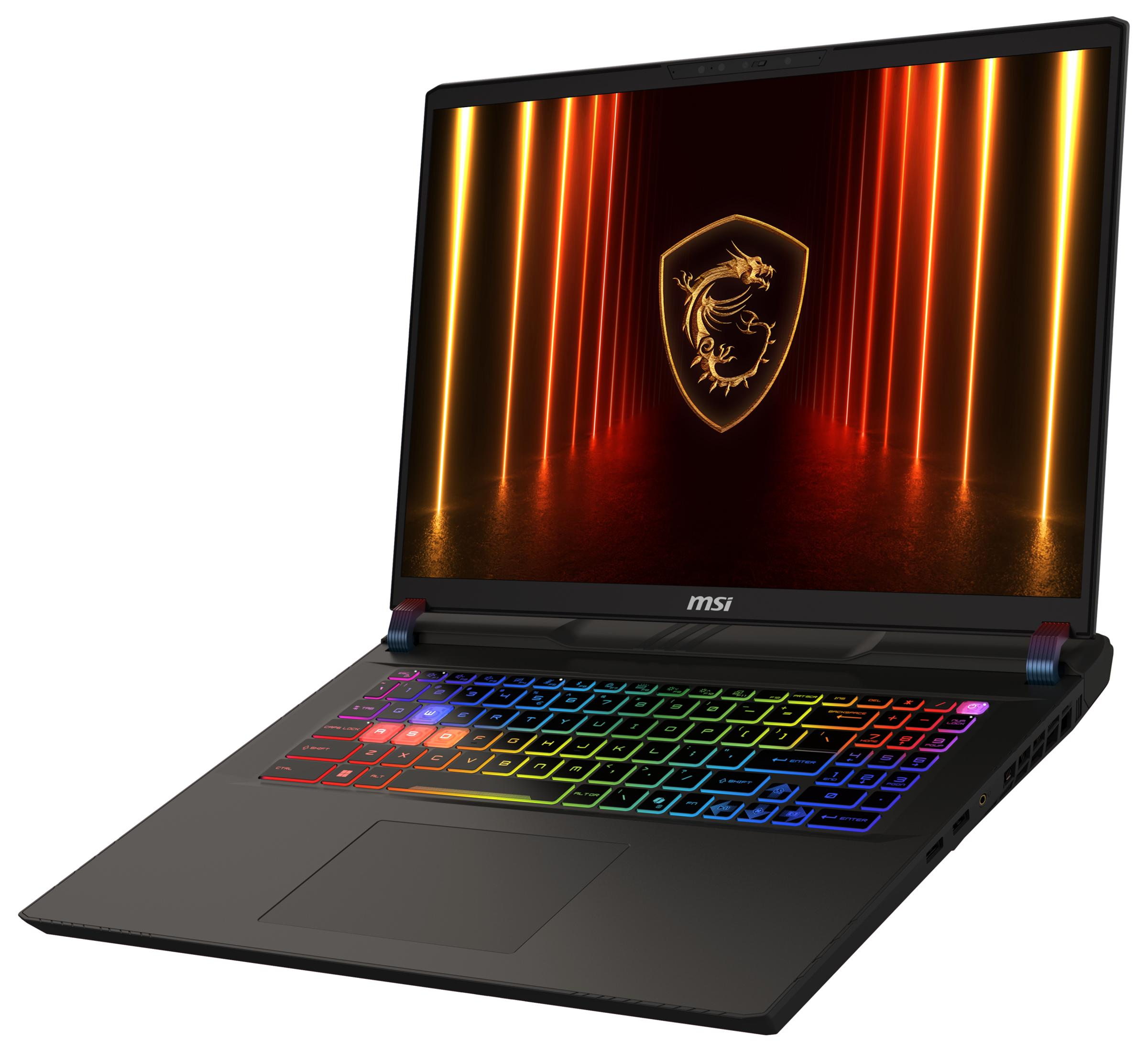Un ordinateur portable gaming MSI noir avec clavier rétroéclairé et logo de dragon sur l'écran.