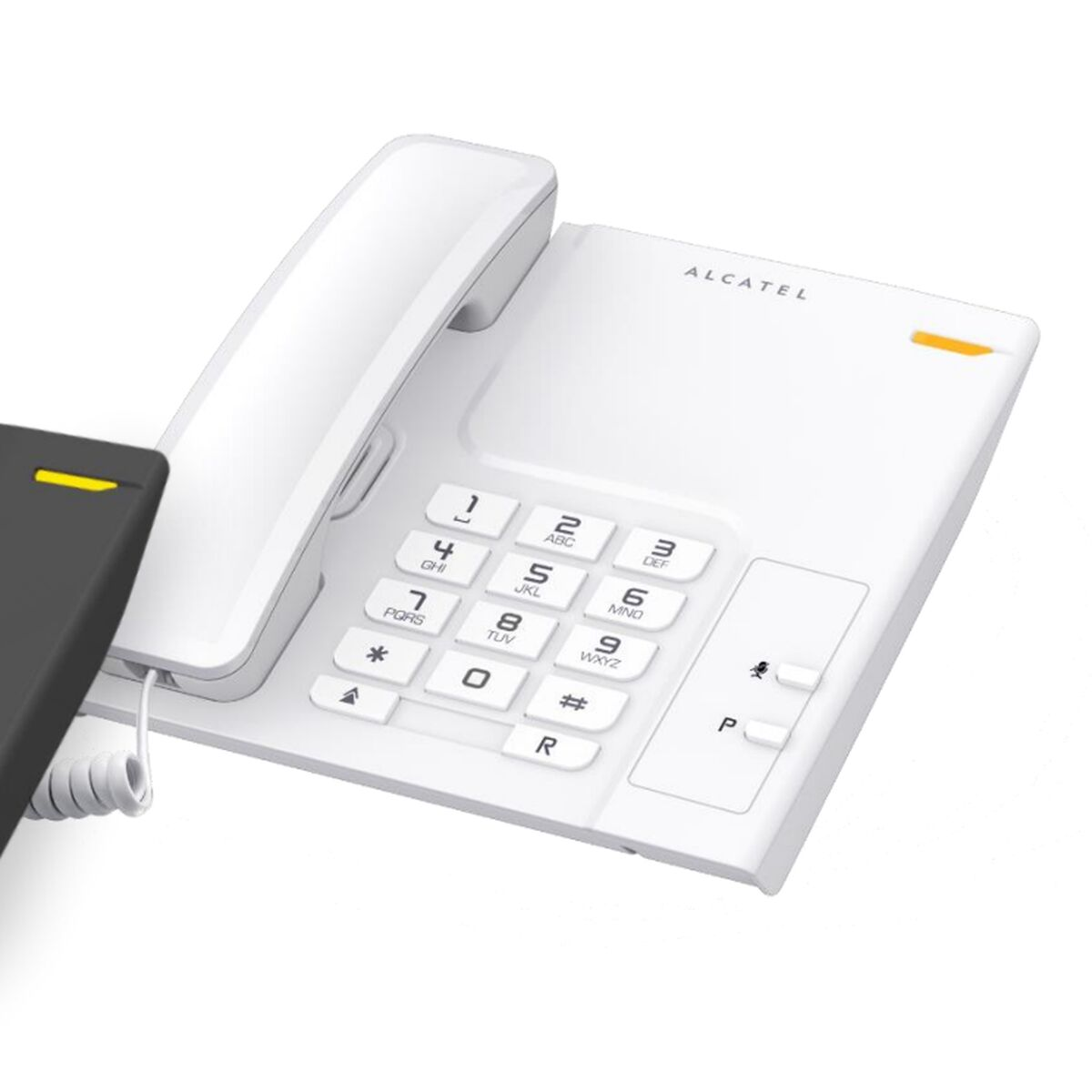 Un telefono bianco Alcatel con cornetta e tastiera, accanto a un oggetto nero.