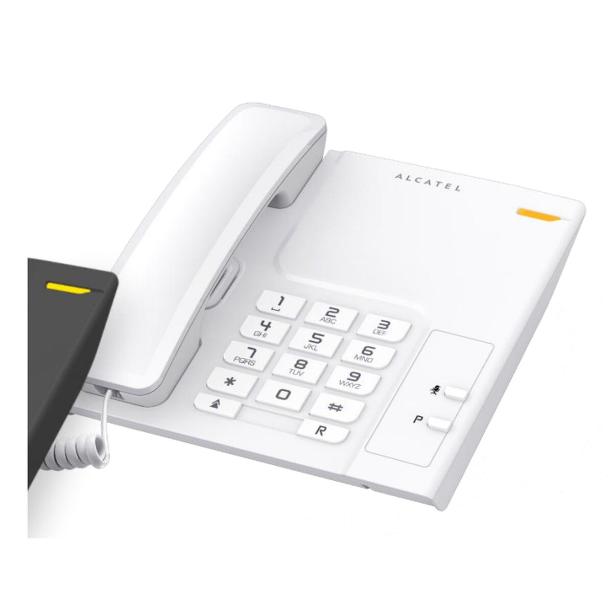 Un telefono Alcatel bianco con un dispositivo nero accanto.