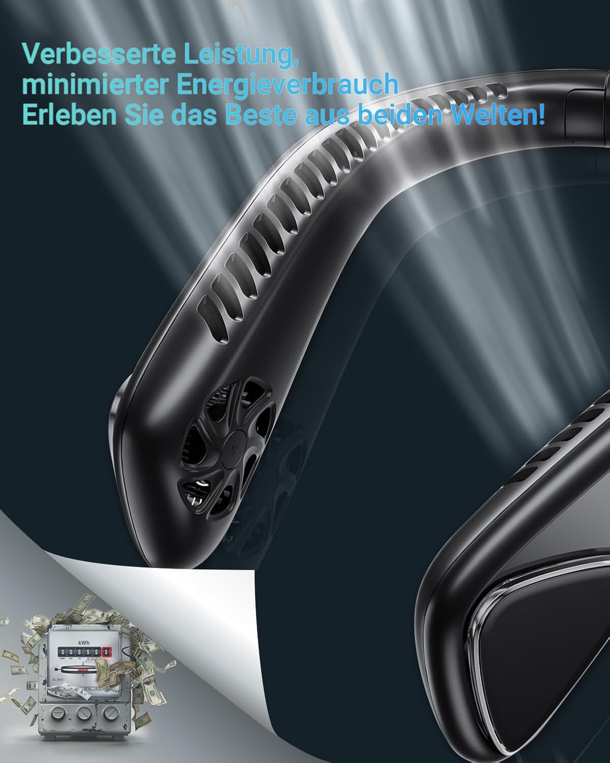 Schwarzer Nackenfächer mit Stromzähler und Geld. Verbesserte Leistung, minimaler Verbrauch.