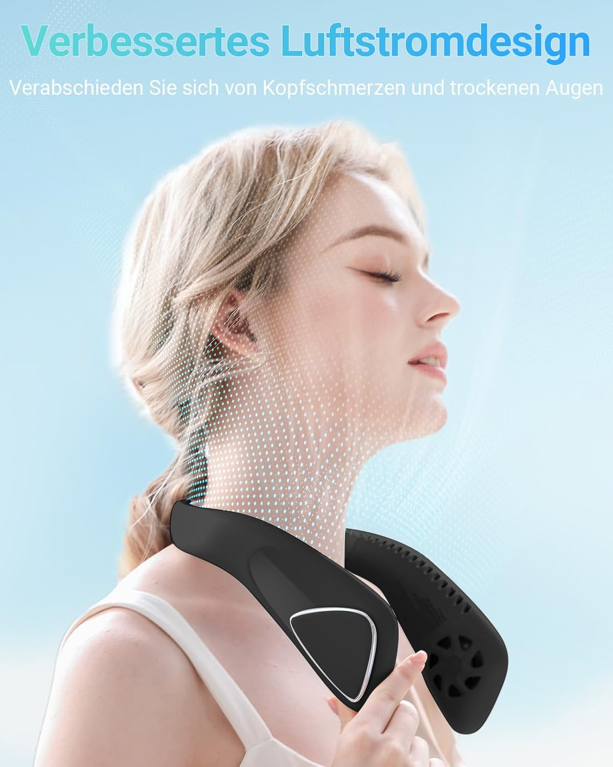 Frau mit Nackenventilator, der Luftstrom auf ihrem Gesicht