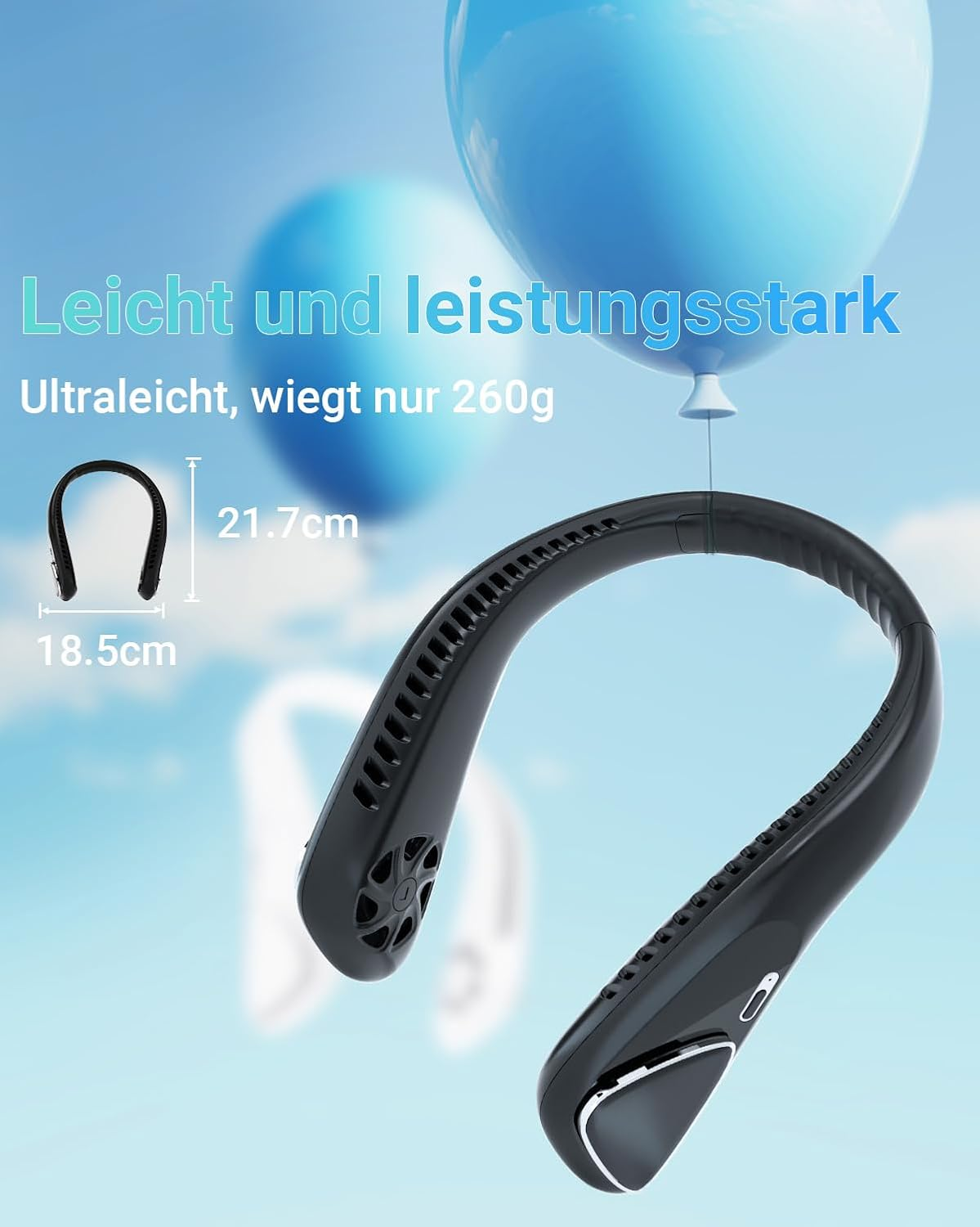 Schwarzer Nackenventilator mit blauen Ballons im Hintergrund.