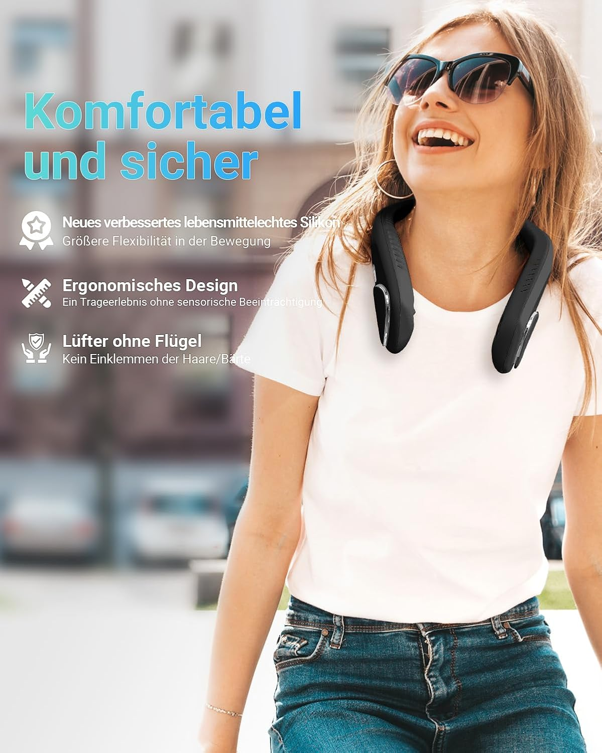 Eine Frau trägt einen schwarzen Nackenlüfter, lächelt und trägt Sonnenbrillen.