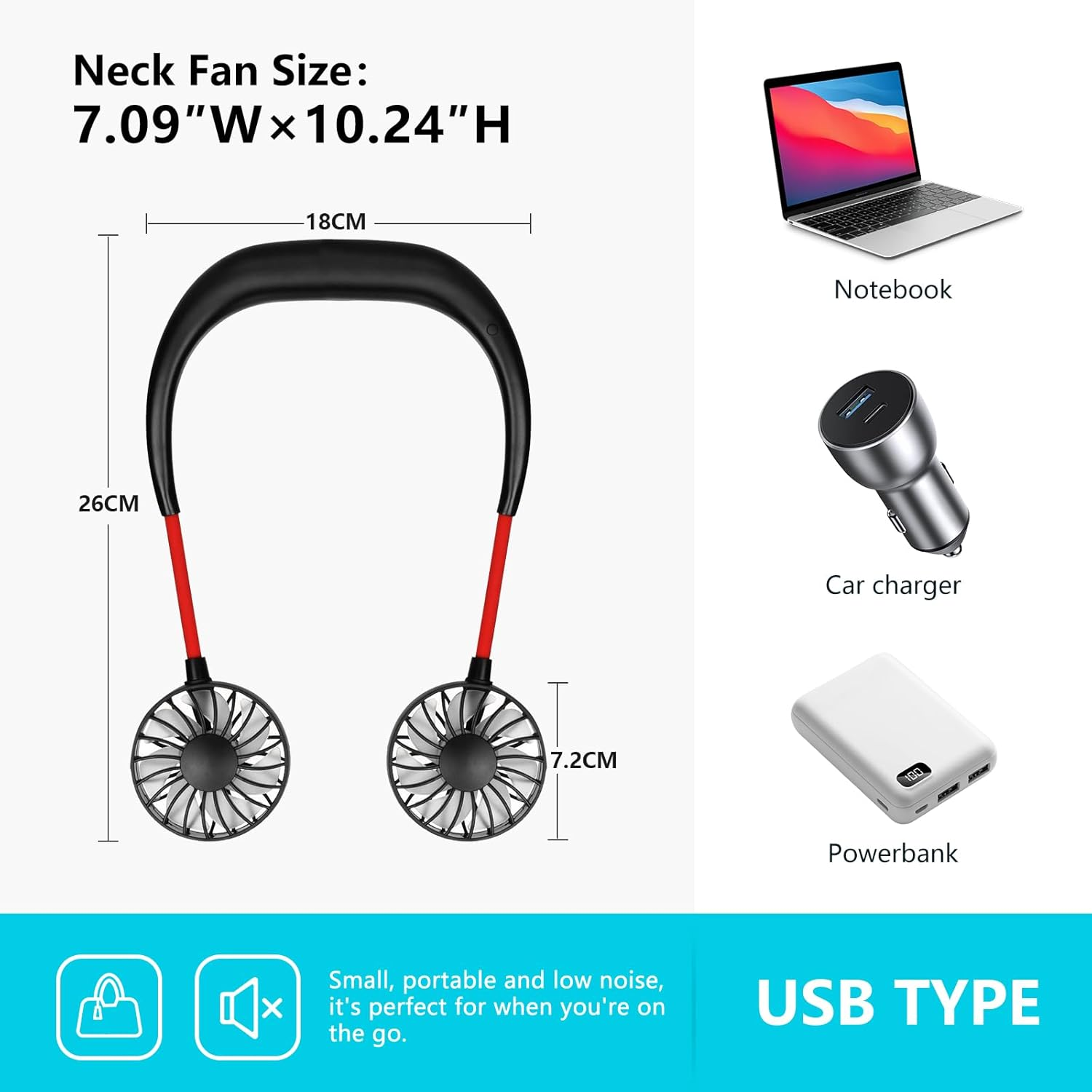 Ein Nackenventilator mit roten Akzenten, Maßen und Zubehör wie Notebook, Autoladegerät und Powerbank.