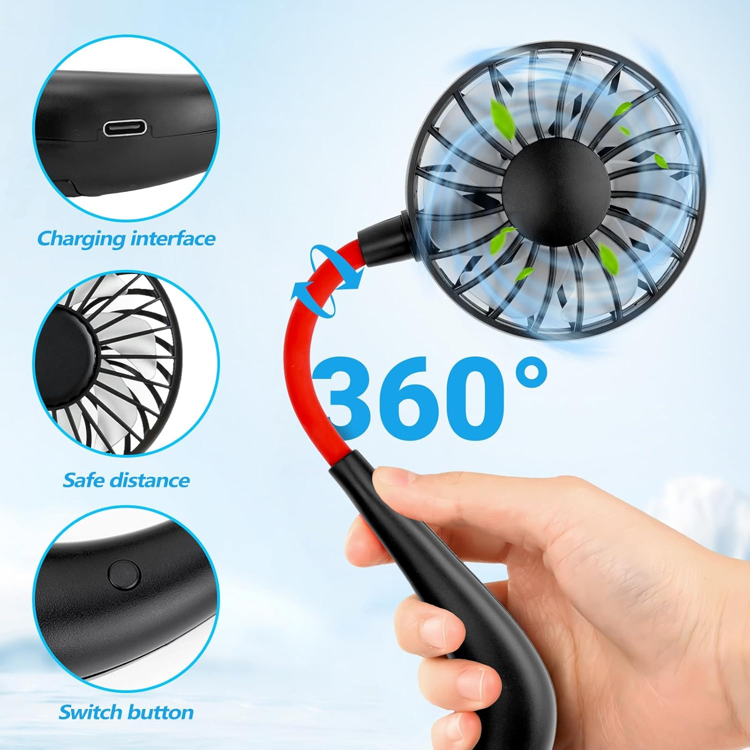 Ein schwarzer Nackenventilator mit rotem flexiblem Hals wird von einer Hand gehalten. Er zeigt Ladeanschluss, Lüfterblätter und Schalter.