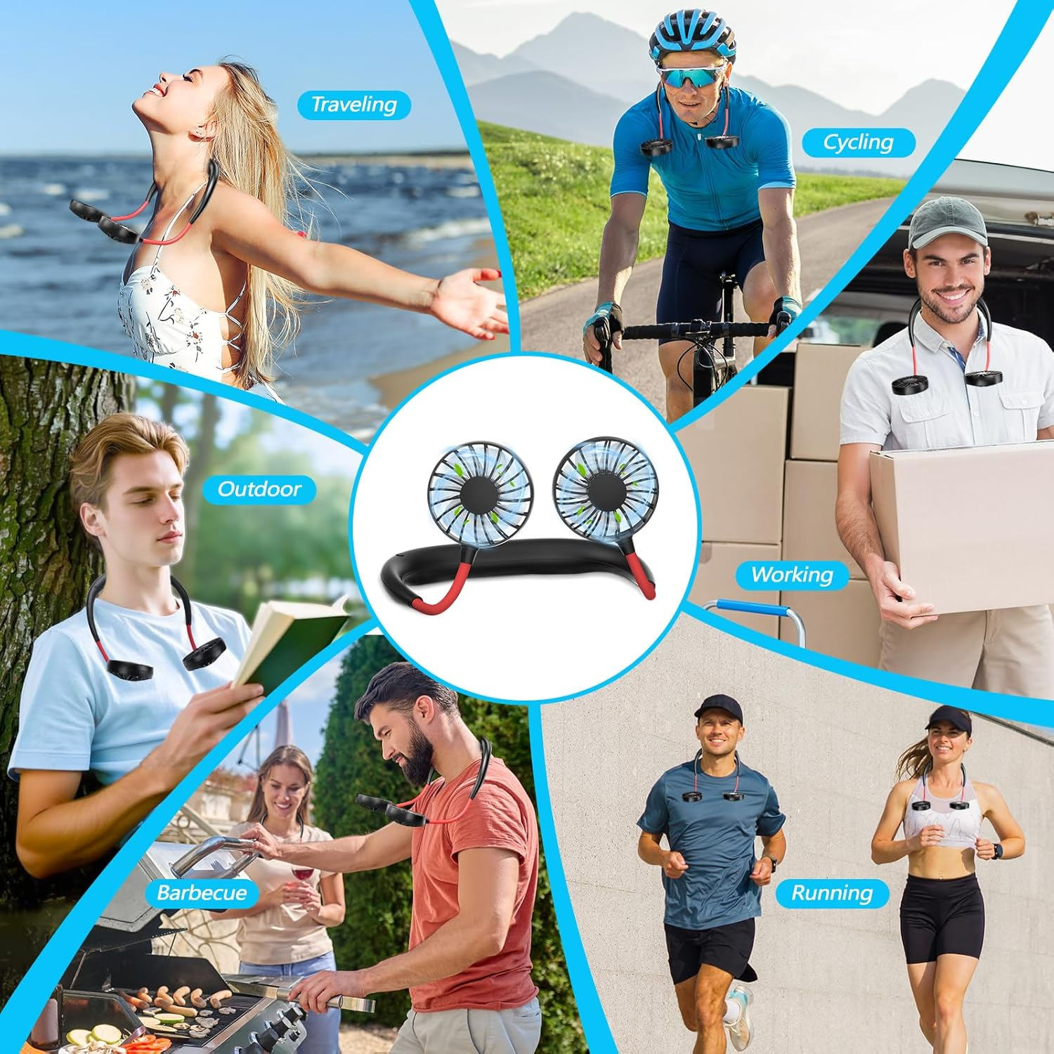Personen nutzen Nackenfans beim Reisen, Radfahren, Arbeiten, Laufen, Grillen und im Freien.