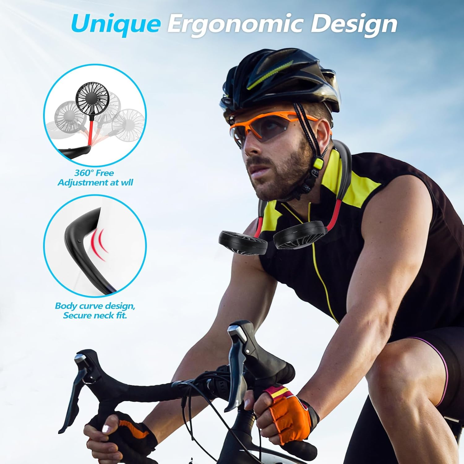 Ein Mann fährt Fahrrad mit einem Nackenfächer, der 360 Grad verstellbar ist.