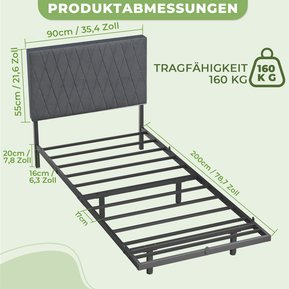 Grauer Bettrahmen mit gestepptem Kopfteil, Maße und Tragfähigkeit angegeben.