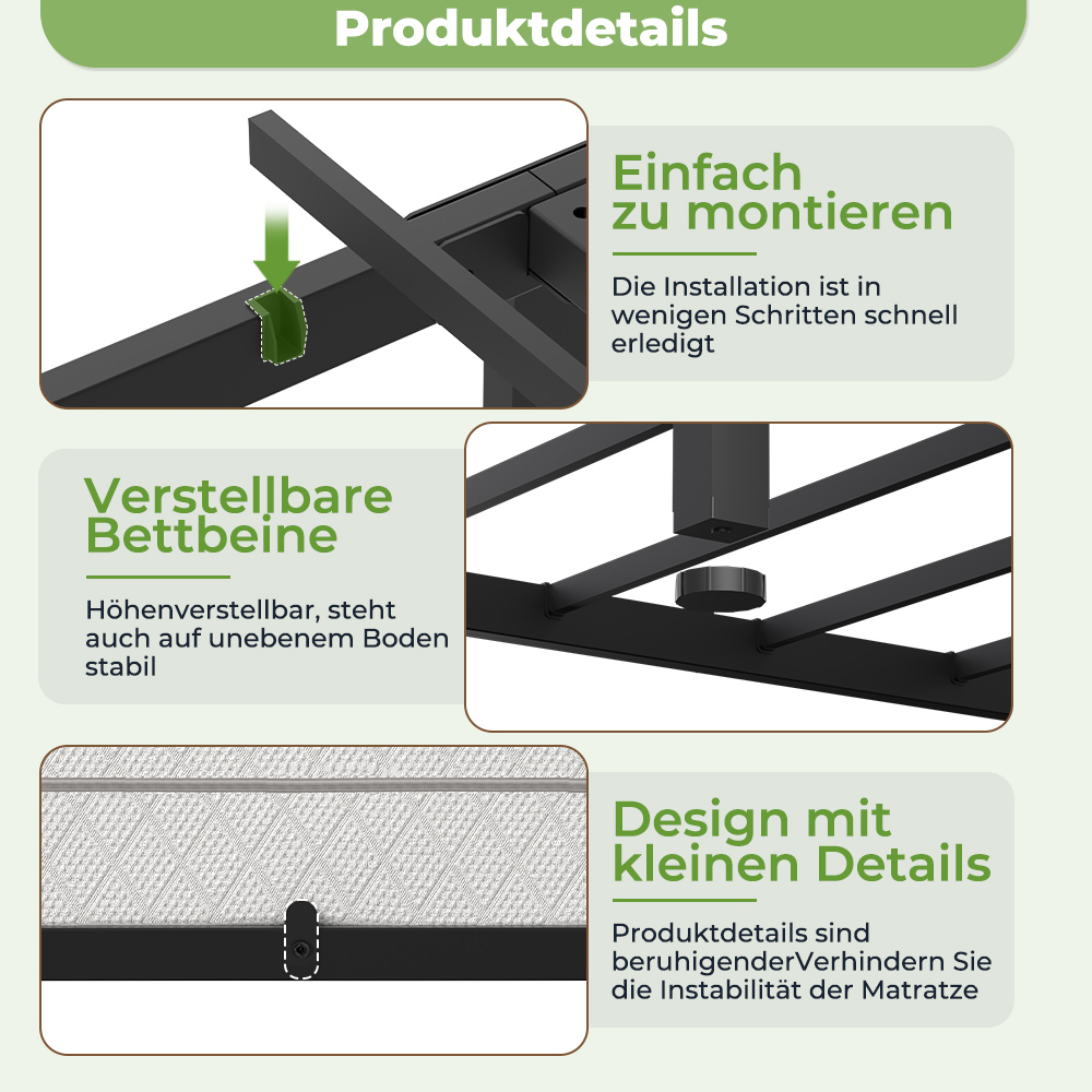 Produktdetails: Einfache Montage, verstellbare Beine, und Design mit kleinen Details für Matratzenstabilität.