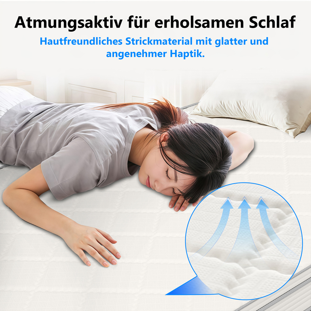 Eine Frau schläft auf einer Matratze. Ein Detail zeigt Luftstrompfeile.