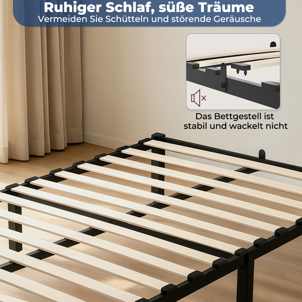 Ein Bettgestell aus Holzlatten und schwarzem Metallrahmen.