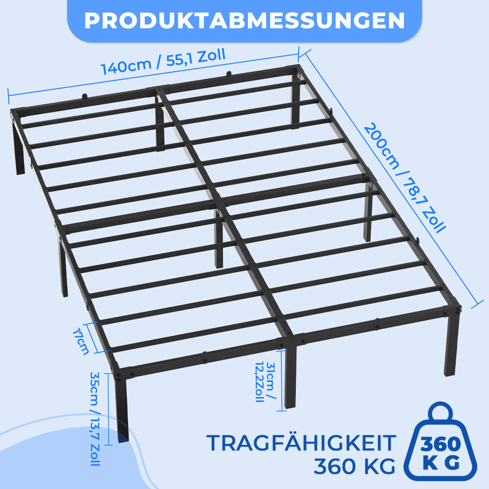 Schwarzer Metall-Bettrahmen mit Maßen 140x200cm, 17cm Höhe, 35cm Beinhöhe.