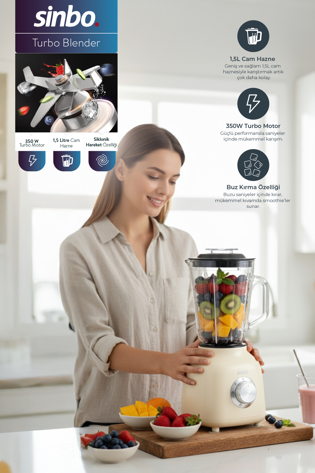 Bir kadın meyve ve buz küpleriyle Sinbo Turbo Blender'ın yanında duruyor.