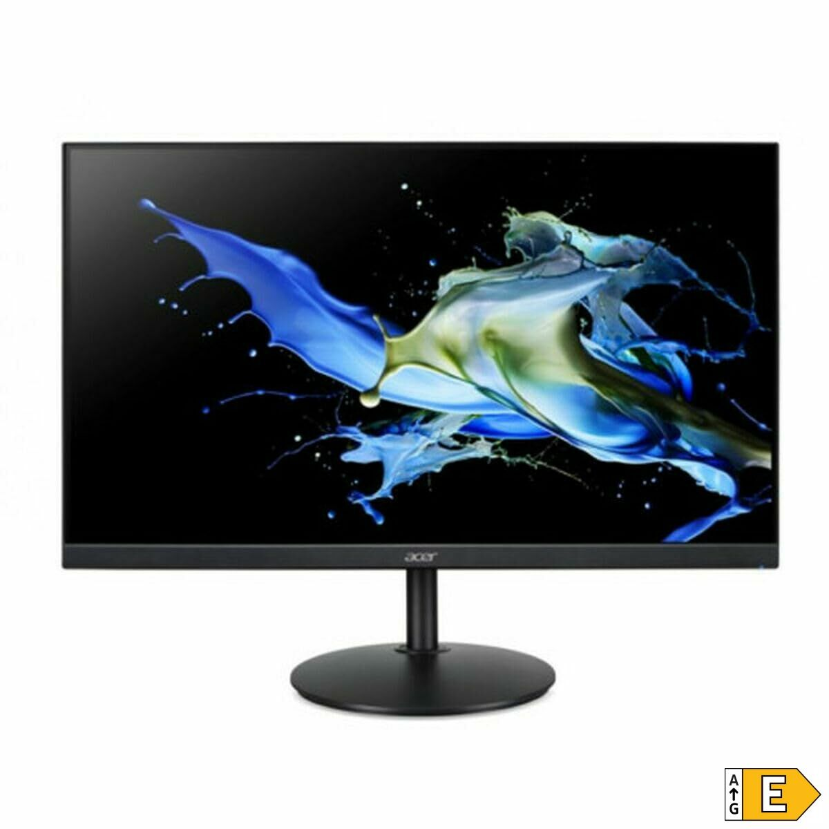 Monitor Acer negro con salpicadura dinámica de pintura azul y verde en pantalla.