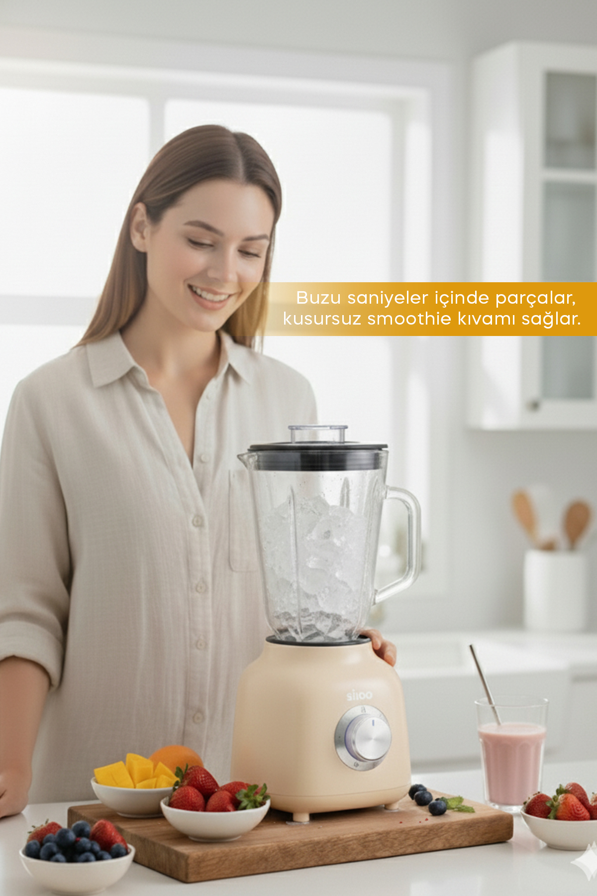 Bir kadın buzlu ve meyveli blenderın yanında gülümser.