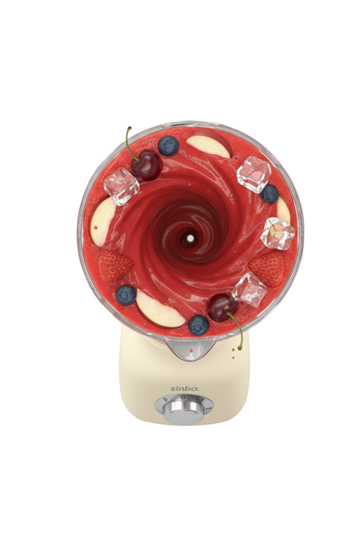 Blenderda meyve ve buz küpleriyle kremalı kırmızı smoothie.
