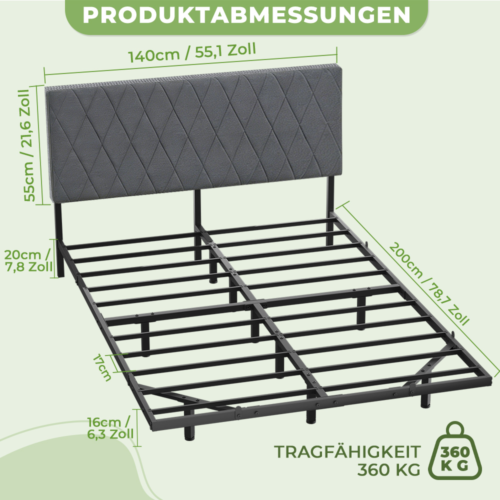 Grauer Bettrahmen mit gestepptem Kopfteil, Maße: 140x200cm, Tragfähigkeit 360kg.