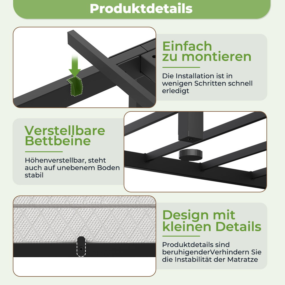 Produktübersicht: Einfache Montage, verstellbare Bettbeine und Design mit kleinen Details.