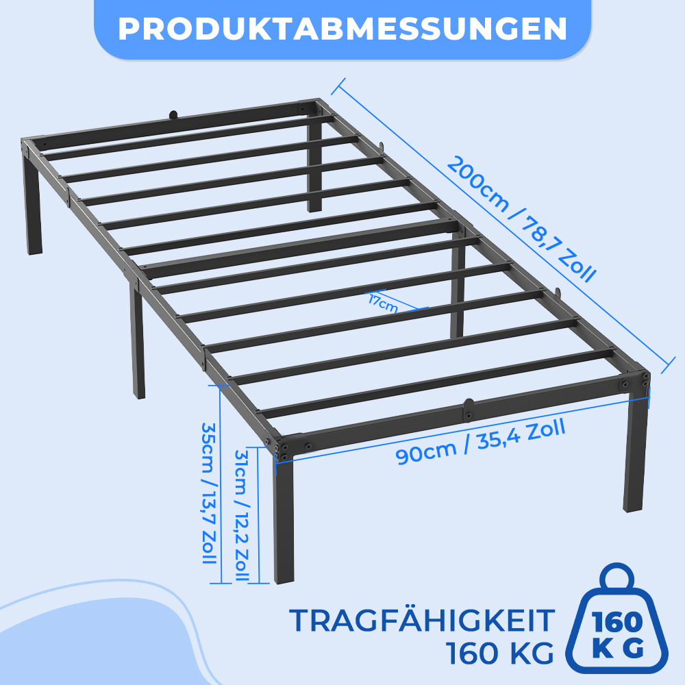 Schwarzer Metall-Bettrahmen mit Maßen und 160kg Tragfähigkeit.