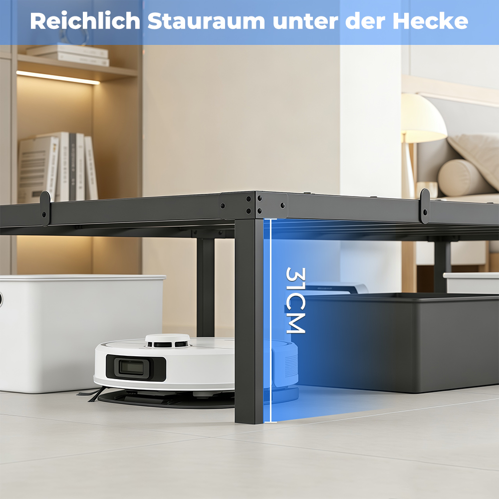 Ein weißer Saugroboter unter einem schwarzen Metallregal mit 31cm Platz.