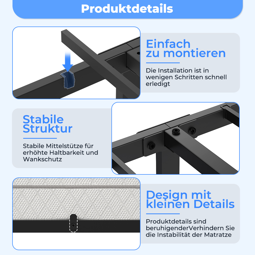 Produktübersicht mit Fokus auf einfache Montage, stabile Struktur und Design-Details.