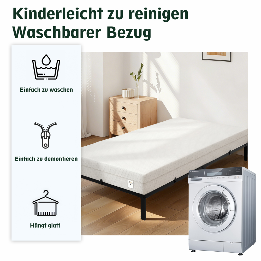 Bett mit abnehmbarem Bezug, daneben Waschmaschine und Nachttisch.