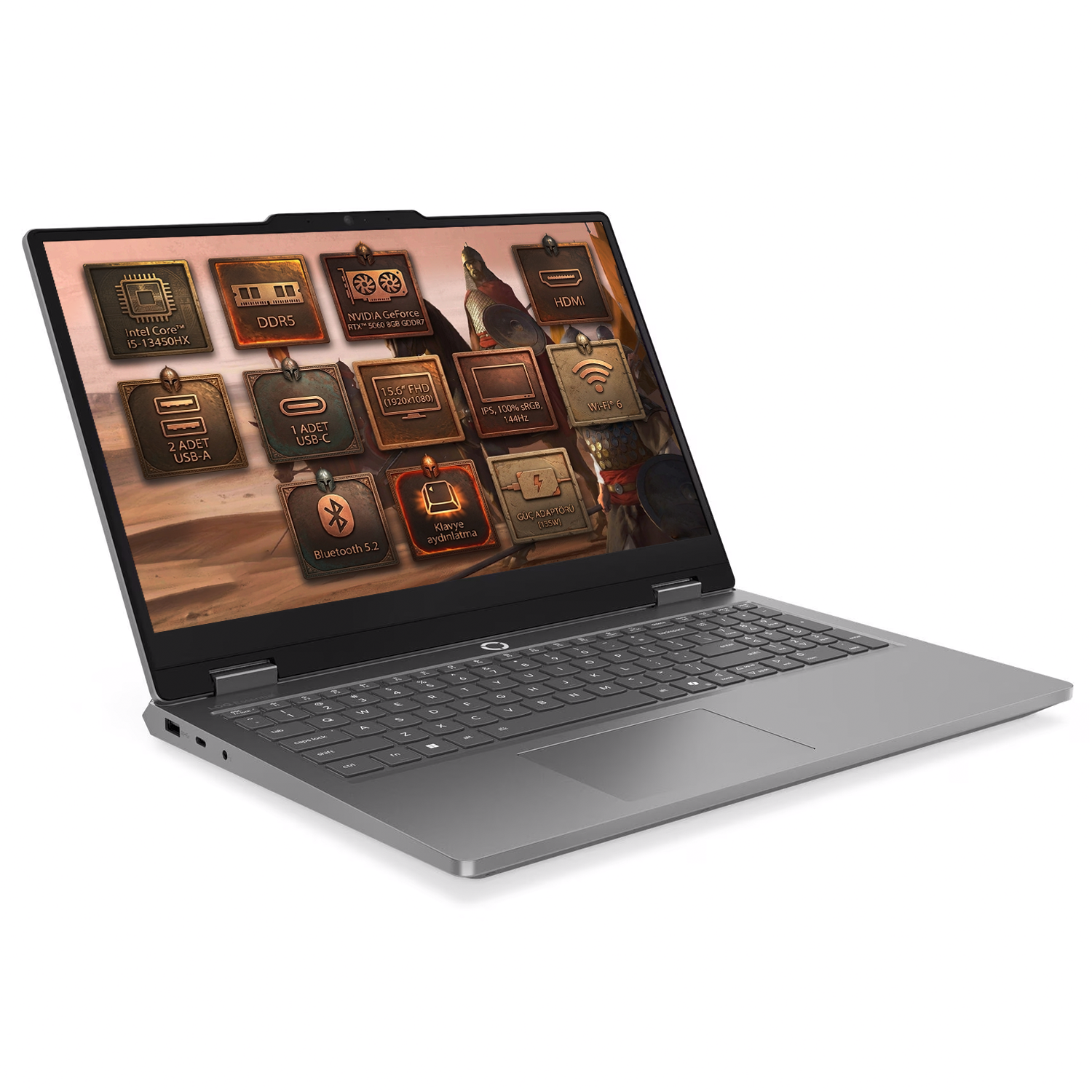 Intel Core i5-13450HX, RTX 5060, 16 GB RAM ve 15,6" FHD ekrana sahip gri dizüstü bilgisayar.