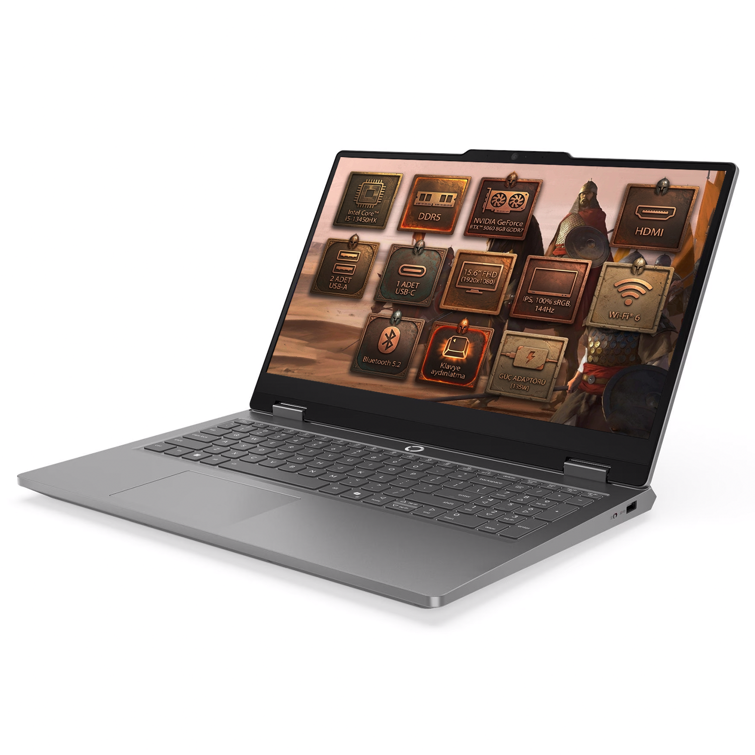Gri dizüstü bilgisayar özellikleri gösteriyor: Intel Core i5, DDR5, RTX 5060, USB-A, USB-C, HDMI, Wi-Fi 6.