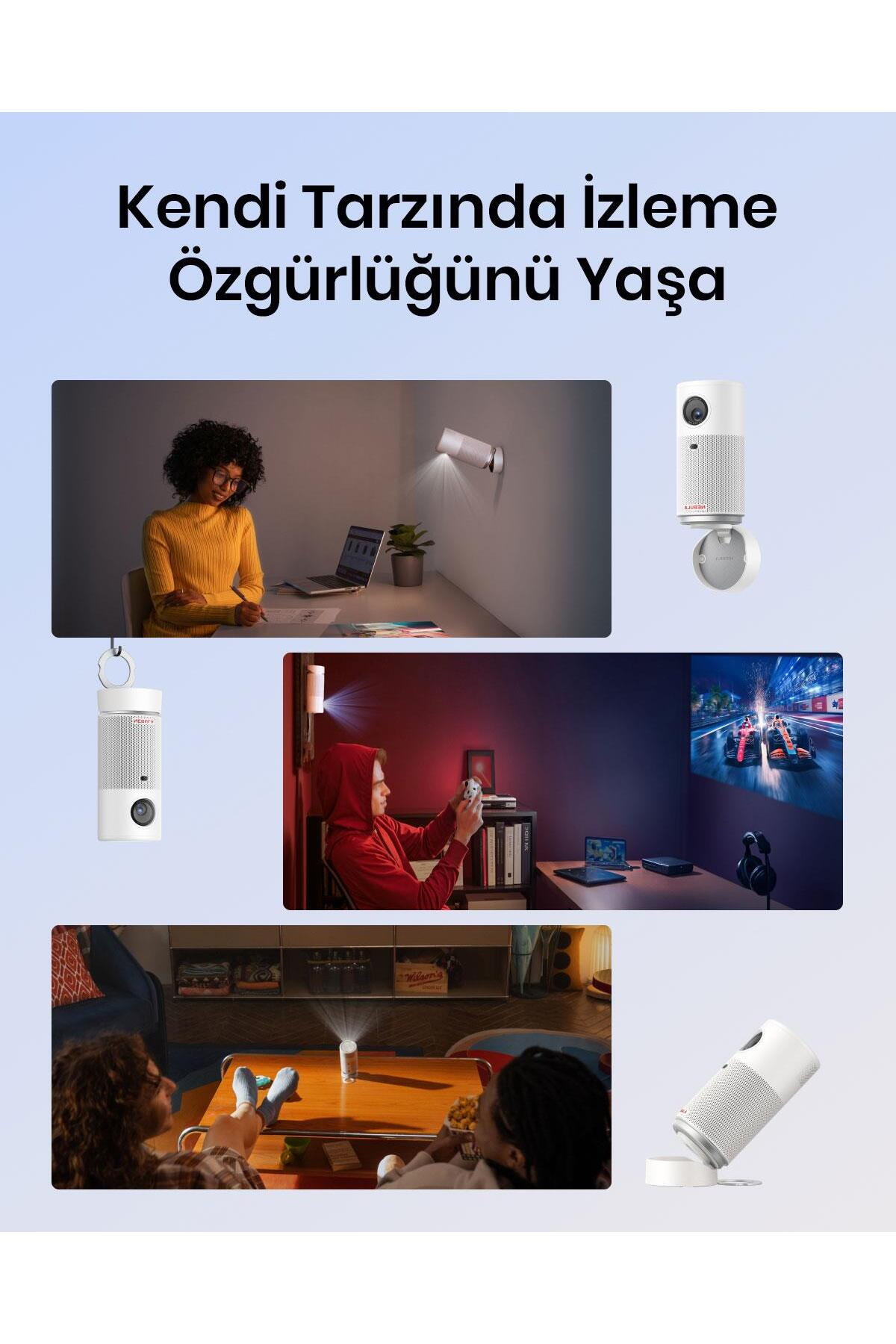 Kompakt projektör çeşitli senaryolarda: çalışma, oyun ve dinlenme.