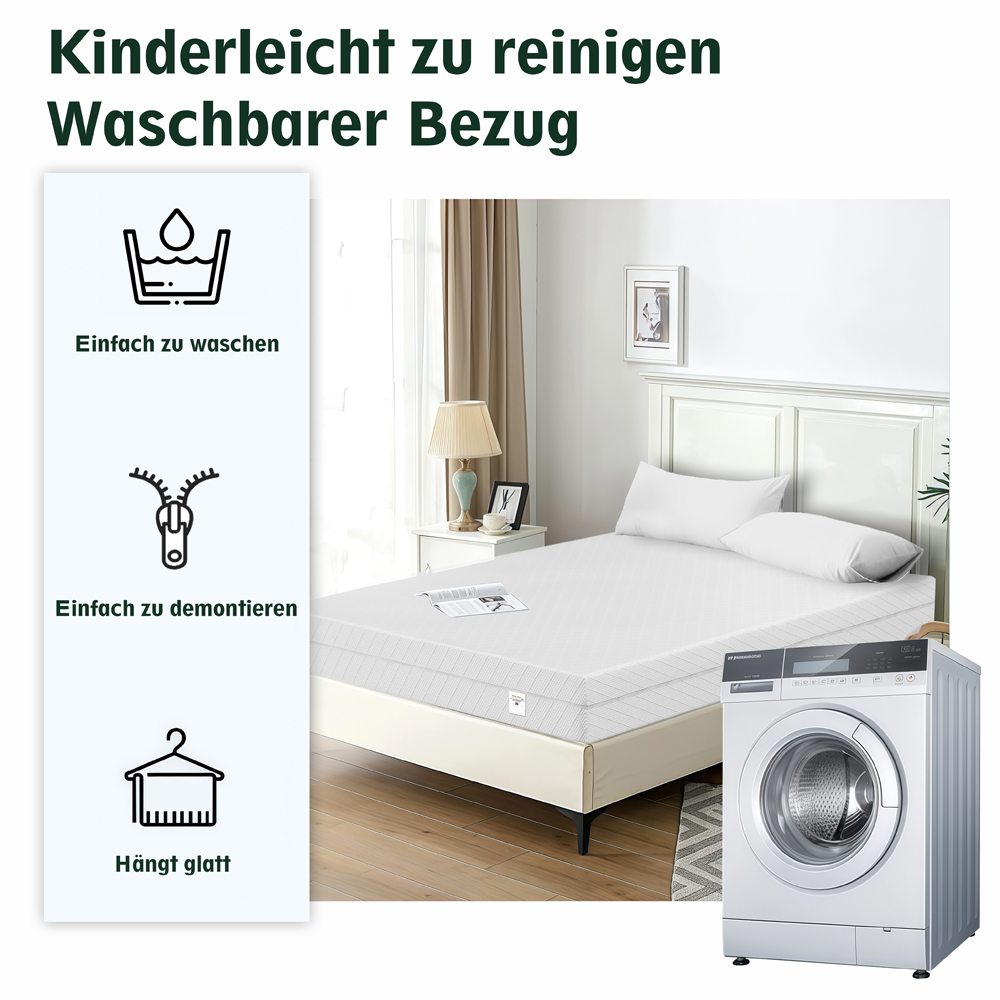 Eine weiße Matratze mit Kissen auf einem Bett, neben einer Waschmaschine.