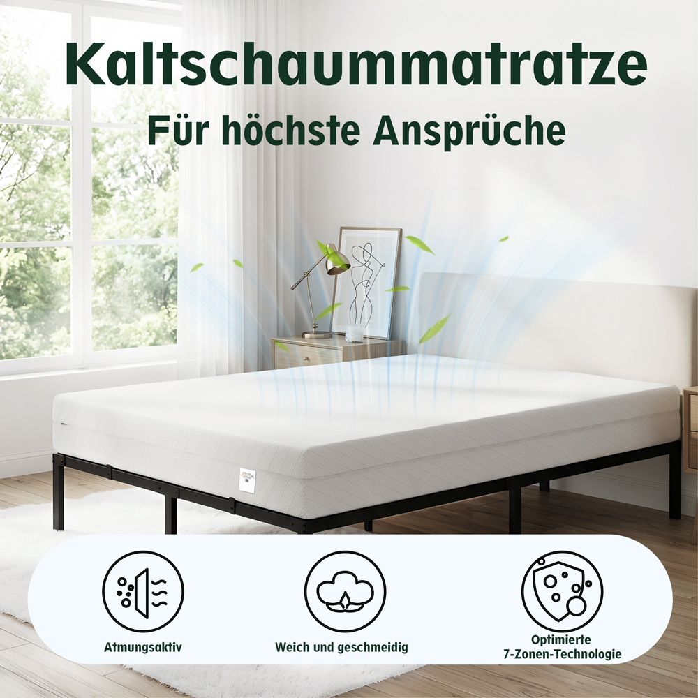 Kaltschaummatratze auf einem Metallbettgestell mit Icons für Atmungsaktivität.