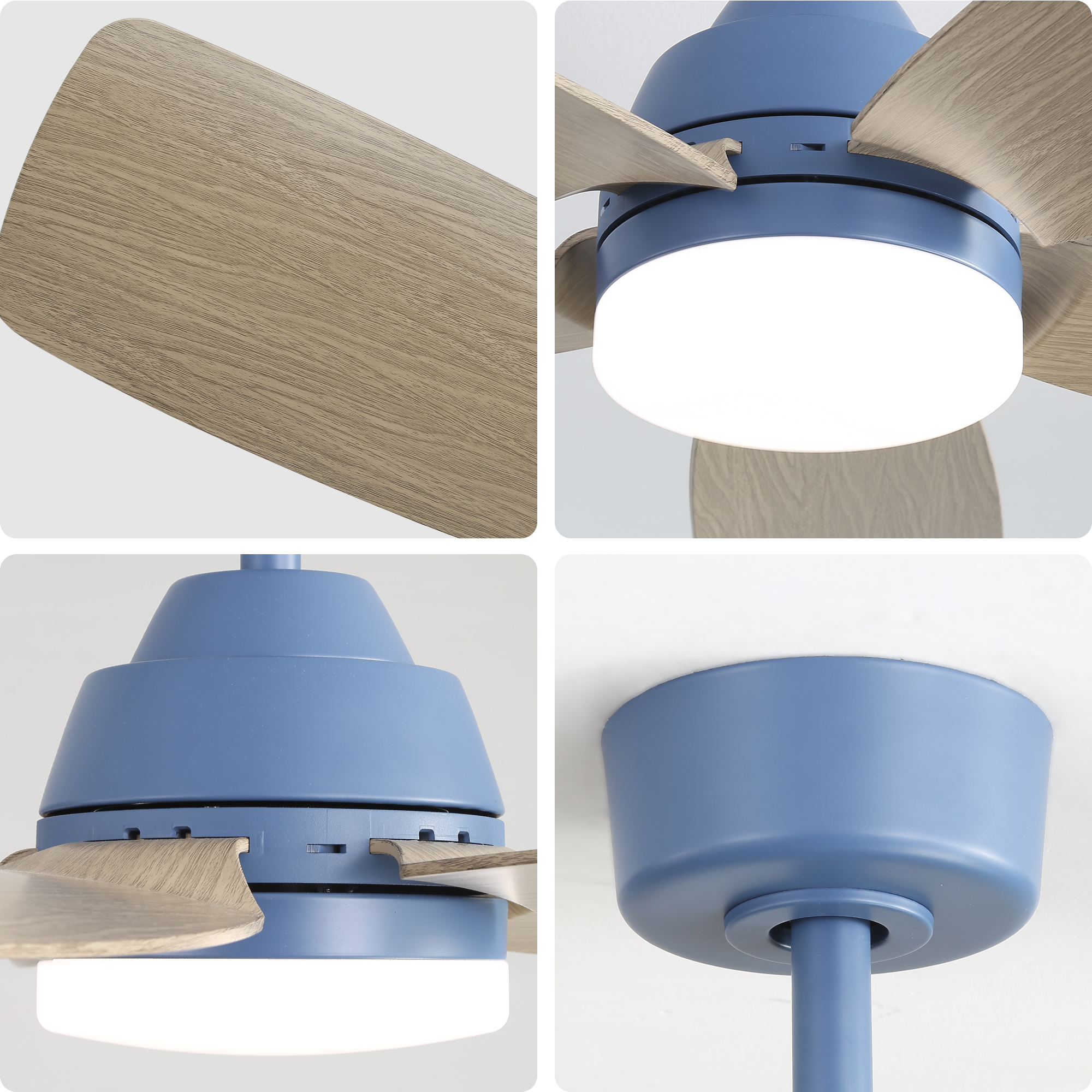 Blauer Deckenventilator mit Holzflügeln und integriertem Licht.