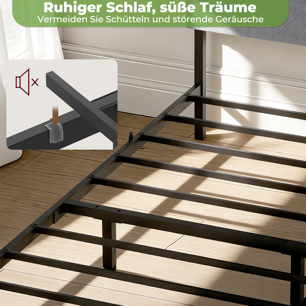Ein detaillierter Blick auf einen schwarzen Metall-Bettenrahmen mit einer Nahaufnahme einer geräuschlosen Montage.