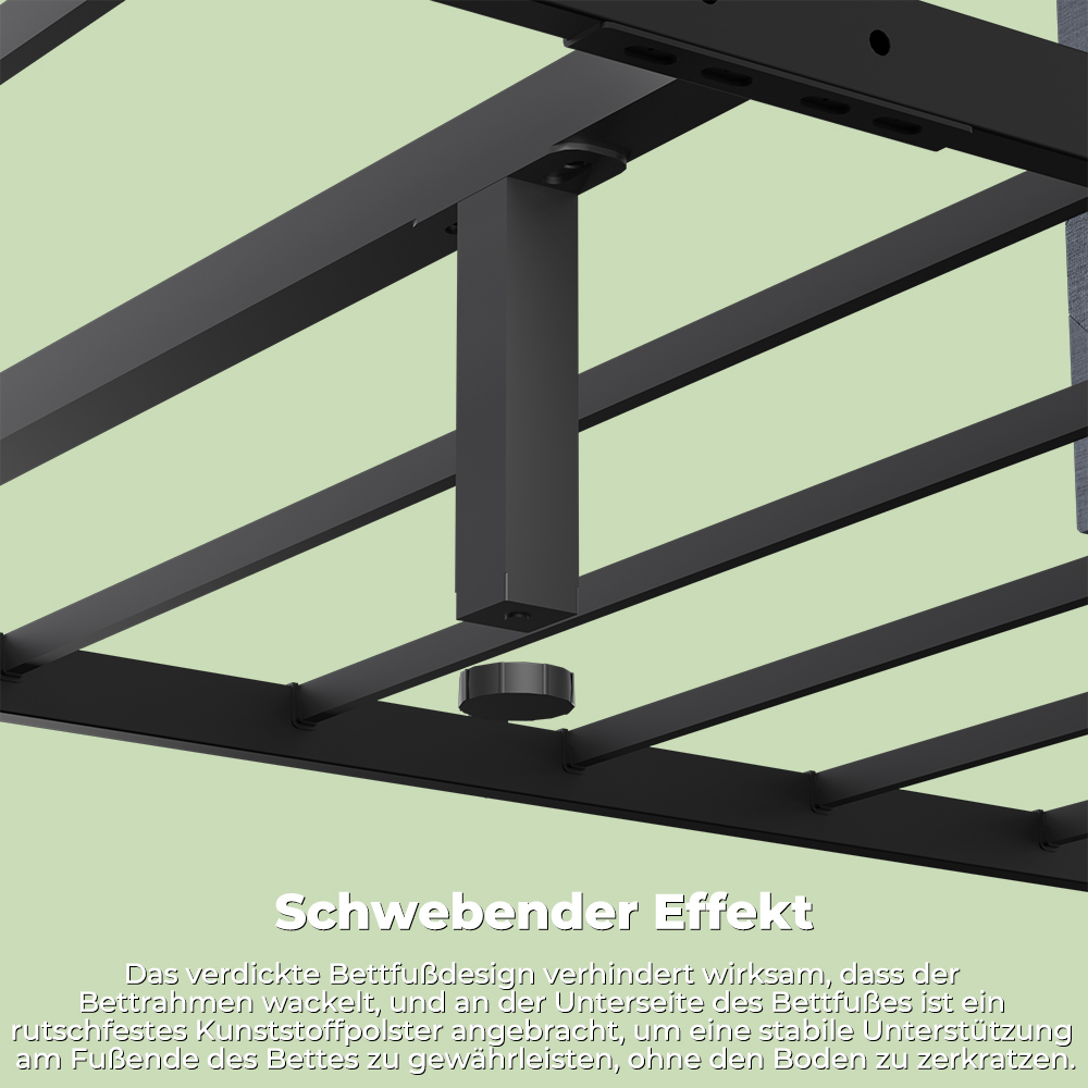 Schwarzer Metallrahmen eines Bettes mit zentraler Stütze und rundem Fuß.