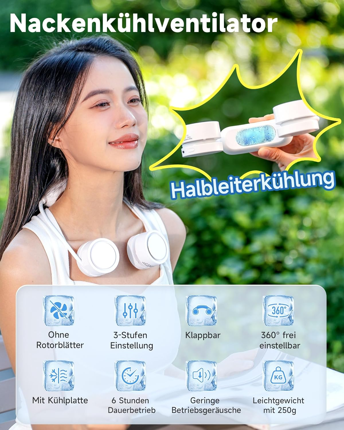 Frau trägt weißen Nackenlüfter mit Kühlfunktion und Eiswürfel-Icons.