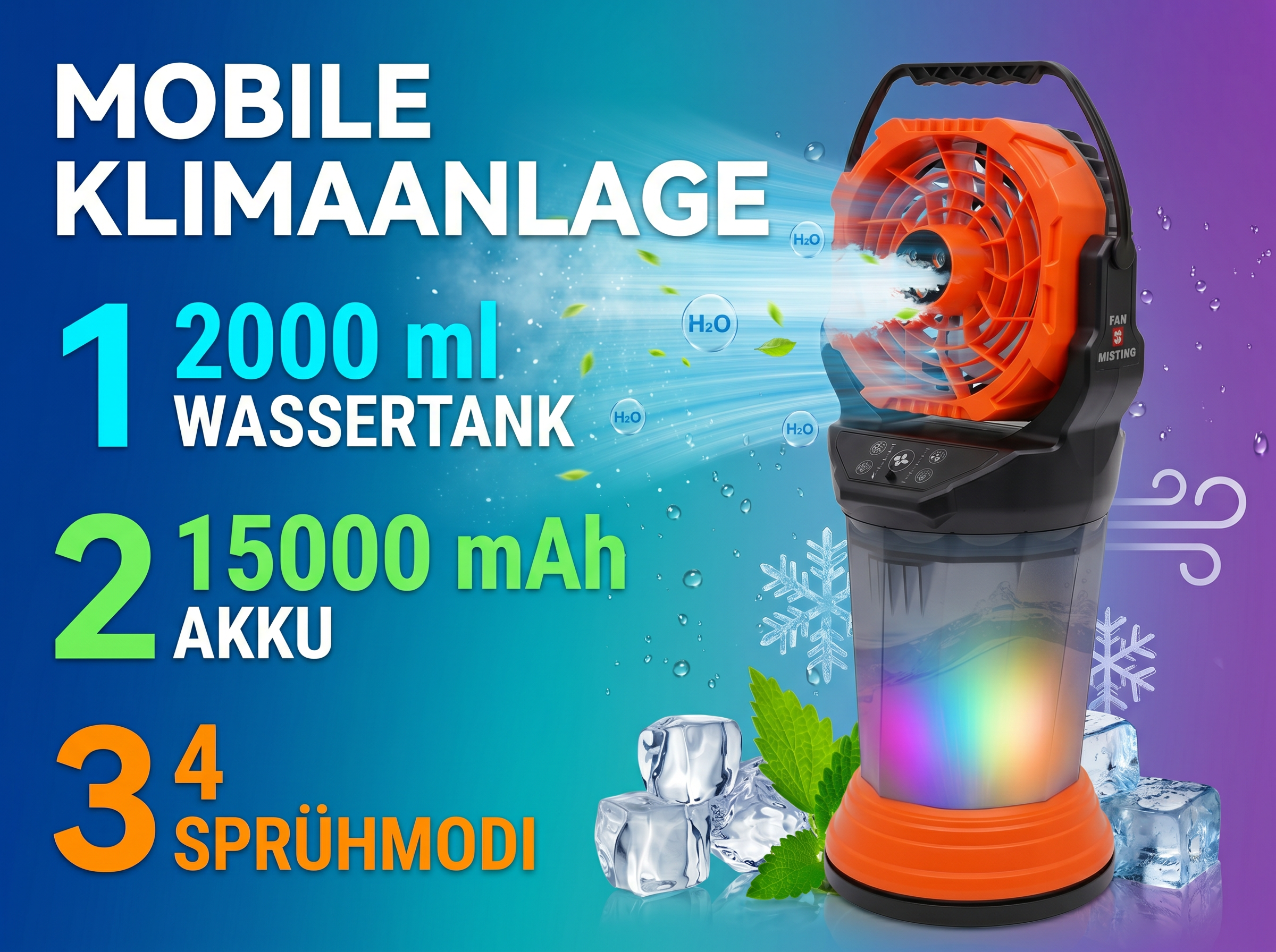 Orange mobiler Luftkühler mit Wassertank, Lüfter und Eiswürfeln.