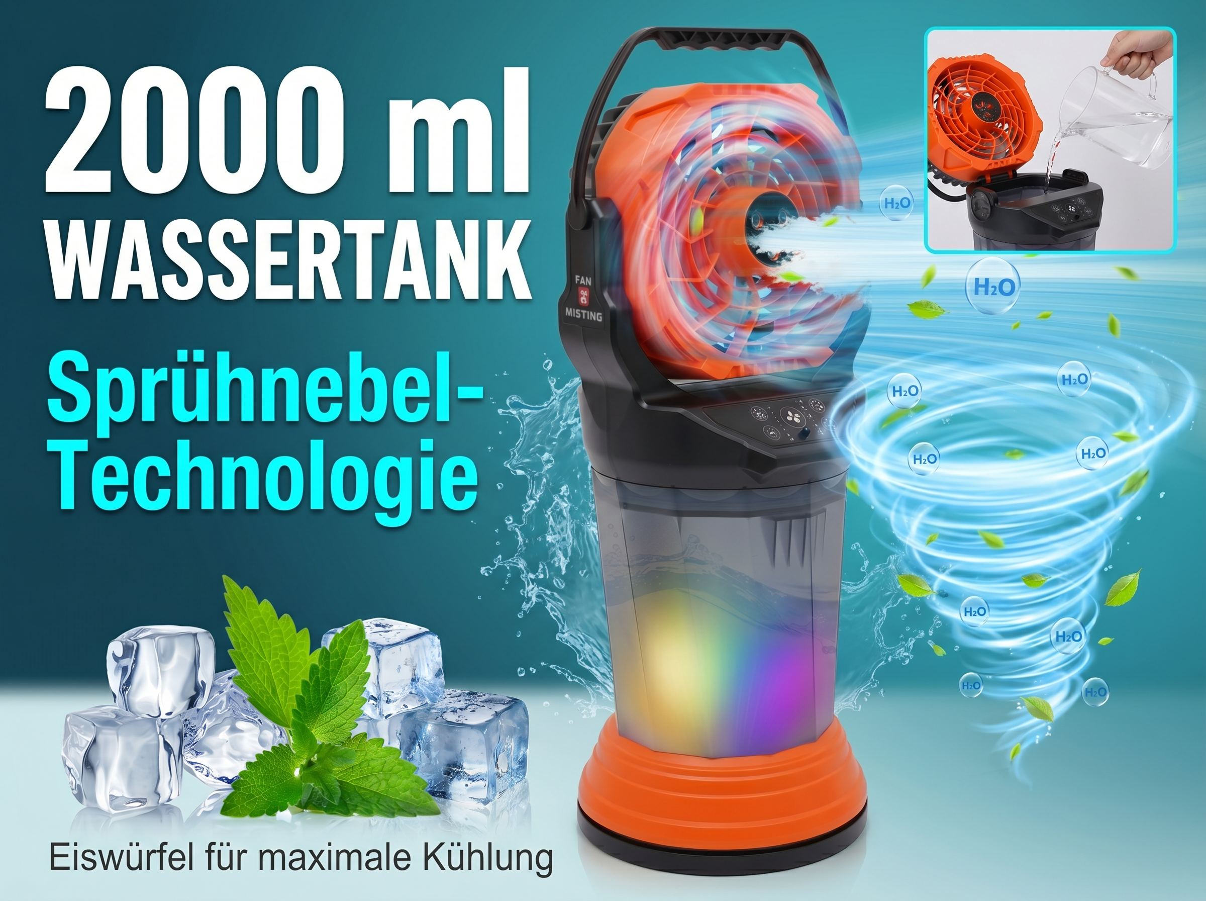 Ein orangefarbener Ventilator mit Sprühnebel-Technologie, Eiswürfel und Mint-Blätter.