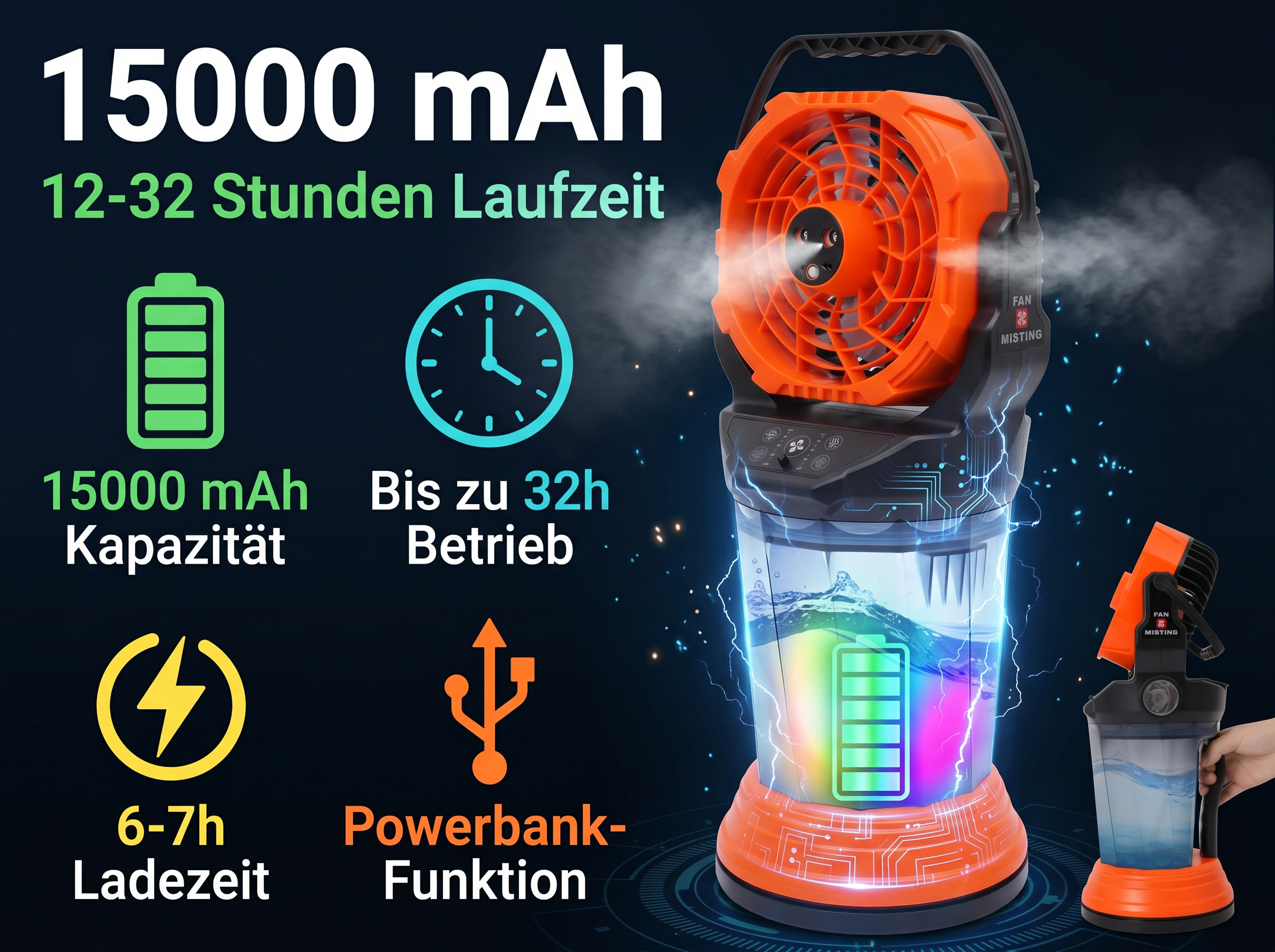 Ein orangefarbener Lüfter mit Nebelfunktion und Wasserkühlung, 15000 mAh, 12-32h Laufzeit.