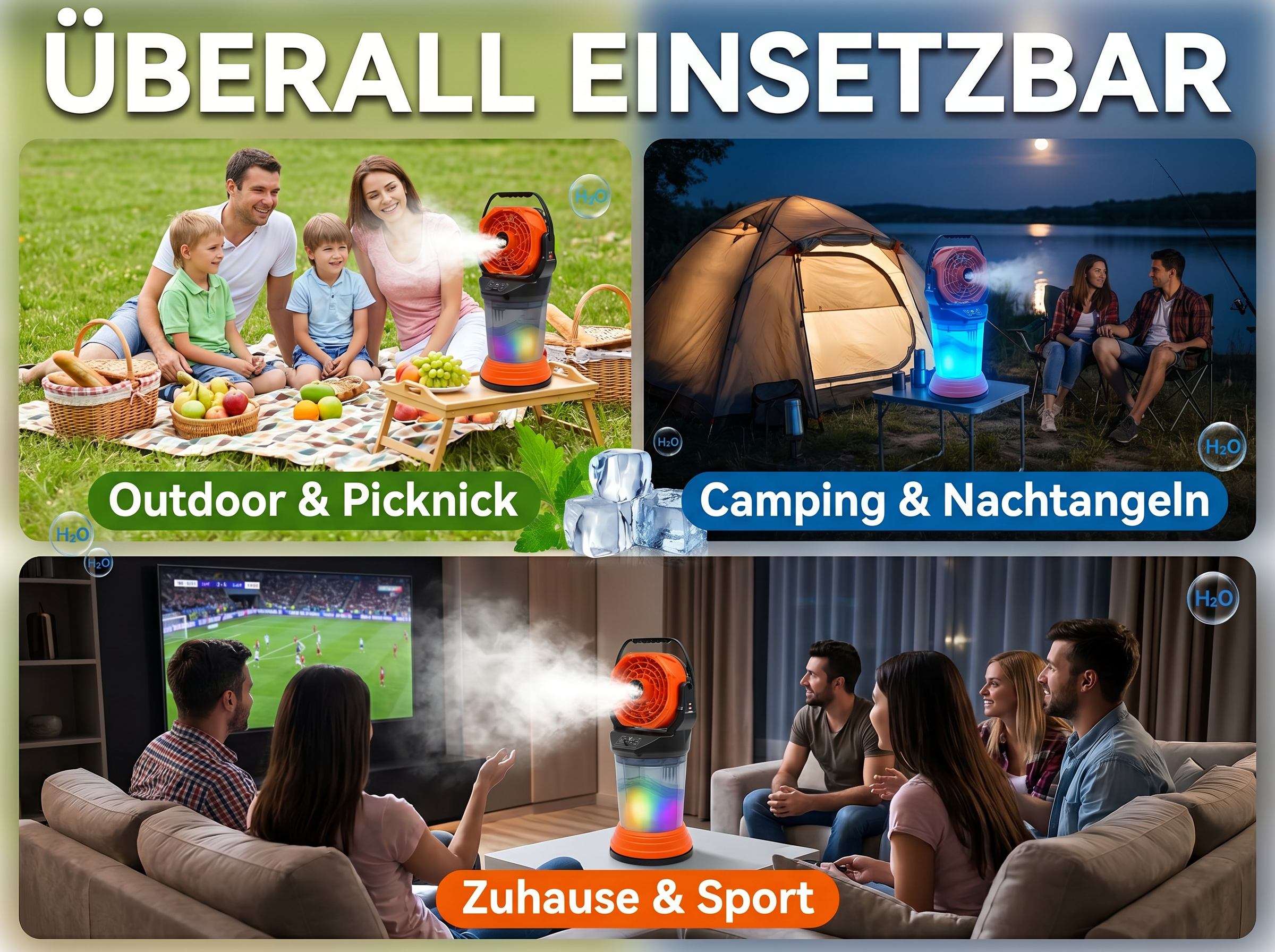 Familie beim Picknick, Camper am See, Leute schauen Fußball.