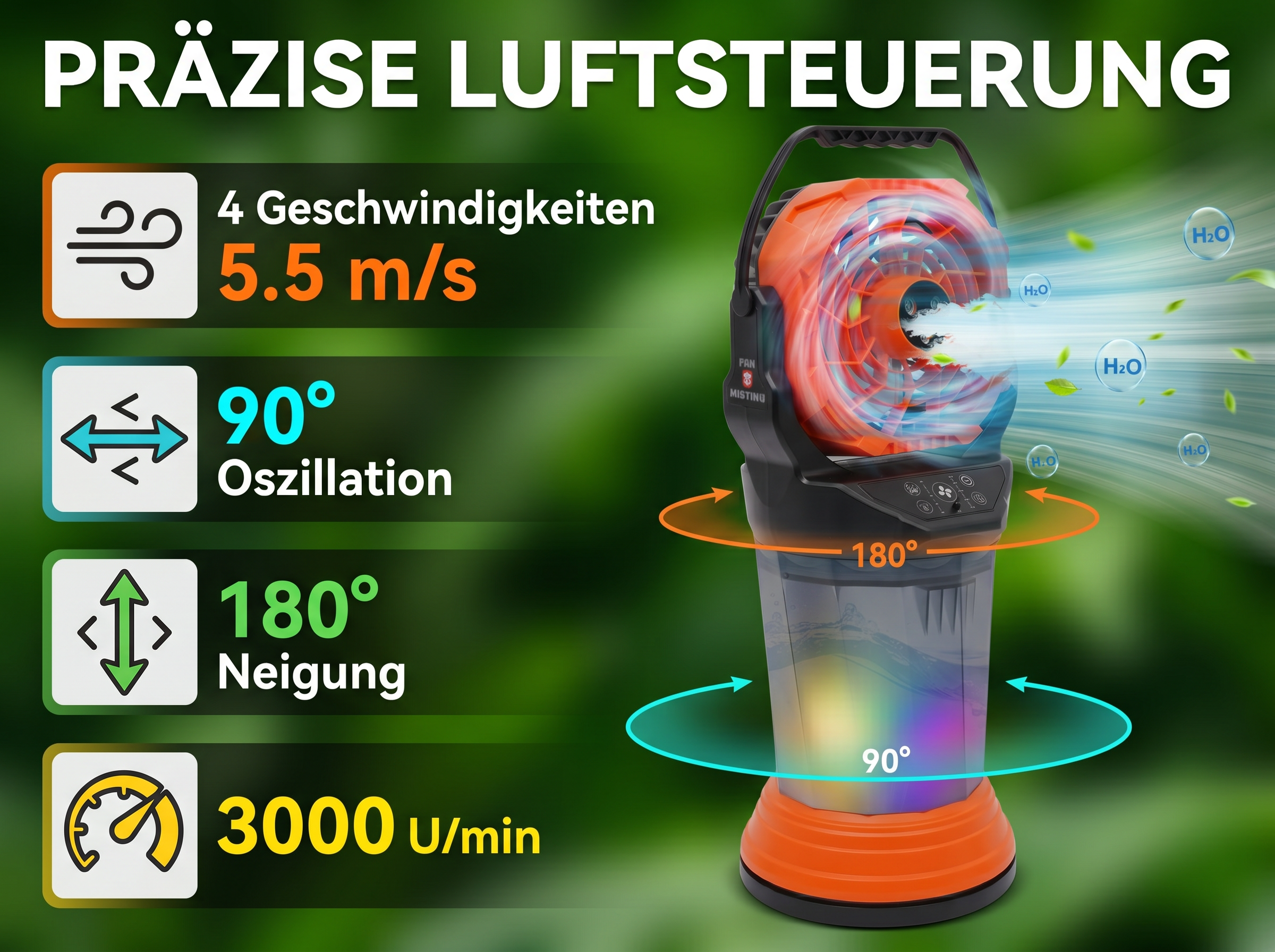 Orange und schwarzer Ventilator mit Wassernebel und grünen Blättern.