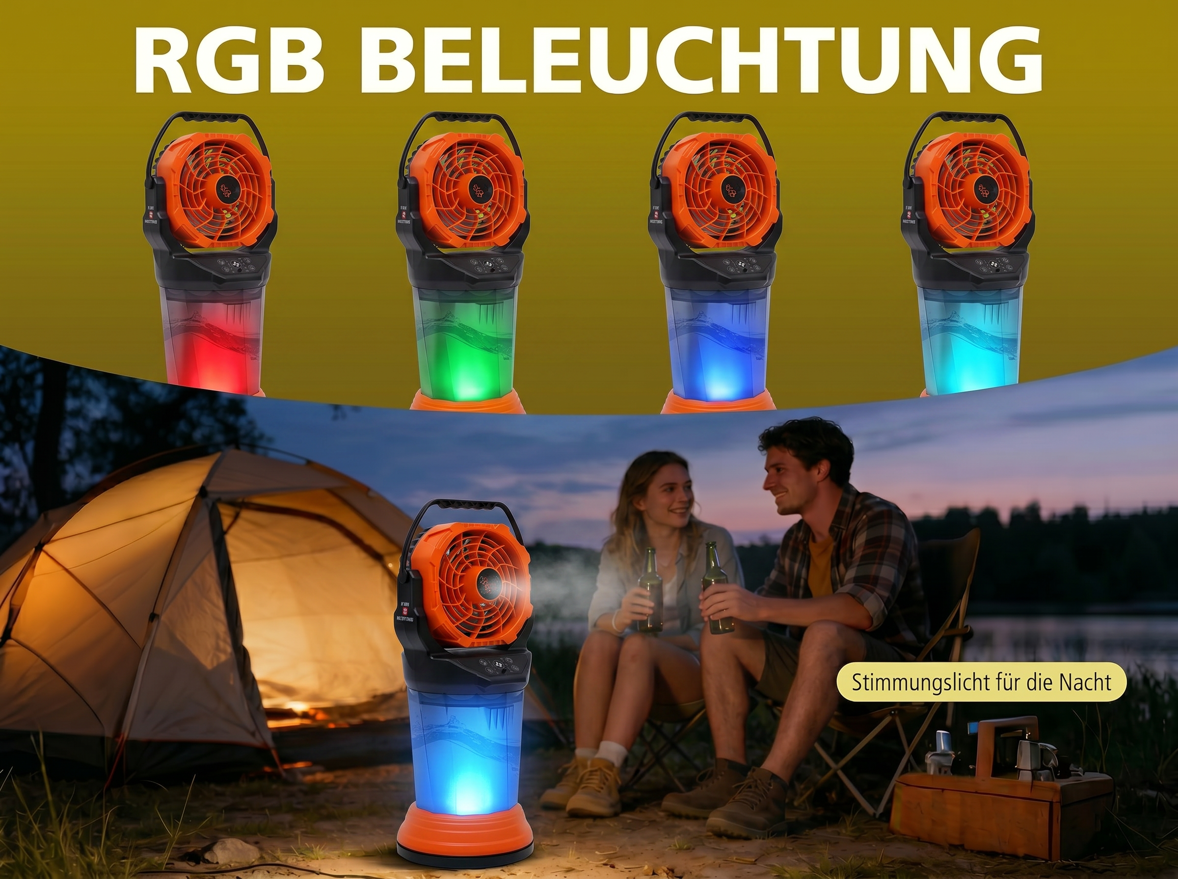 Orange-schwarzer Ventilator mit blau leuchtender Wassersäule, Camping-Szene.