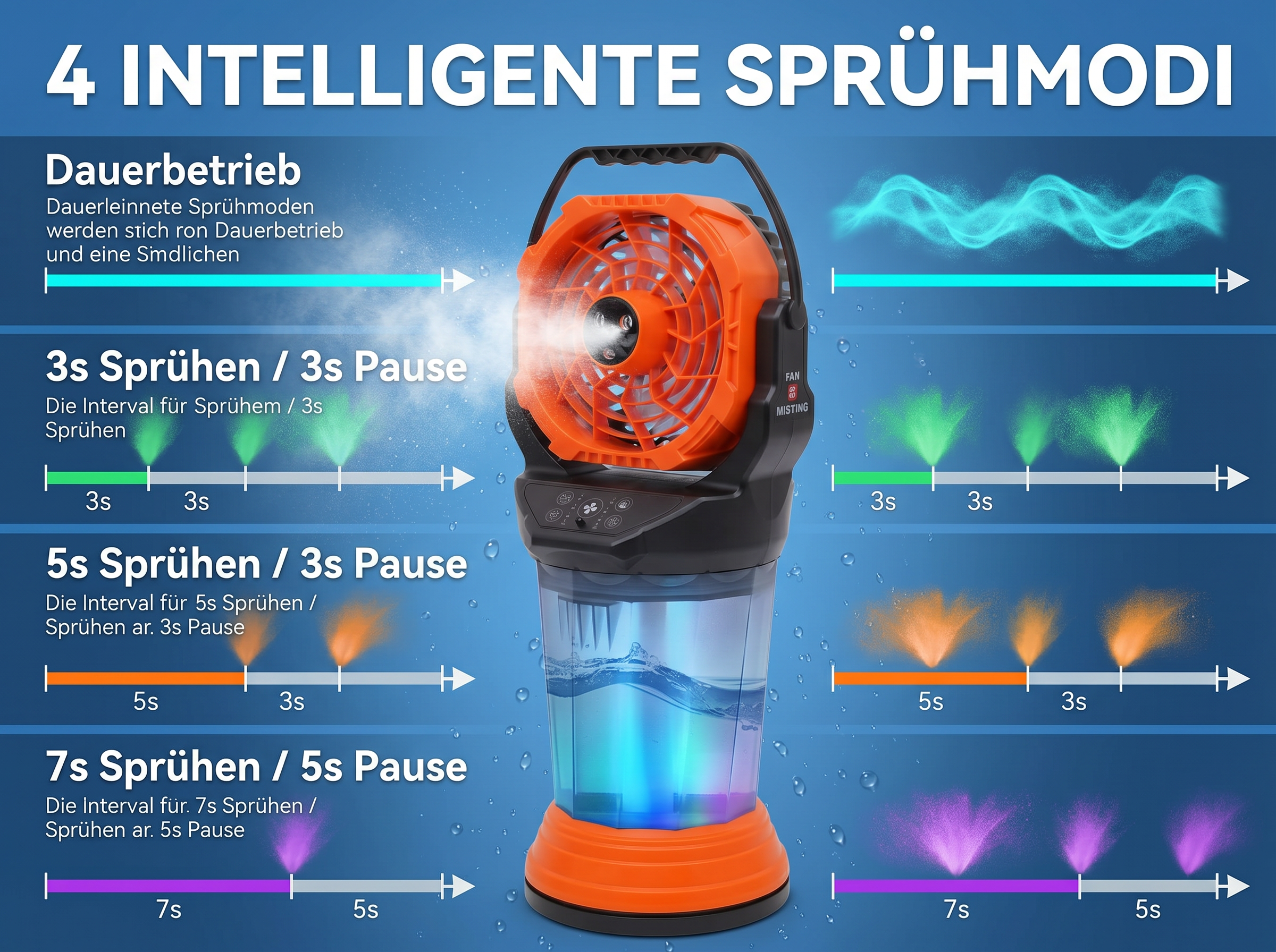 Ein orangefarbener Nebellüfter mit vier Sprühmodi-Diagrammen.