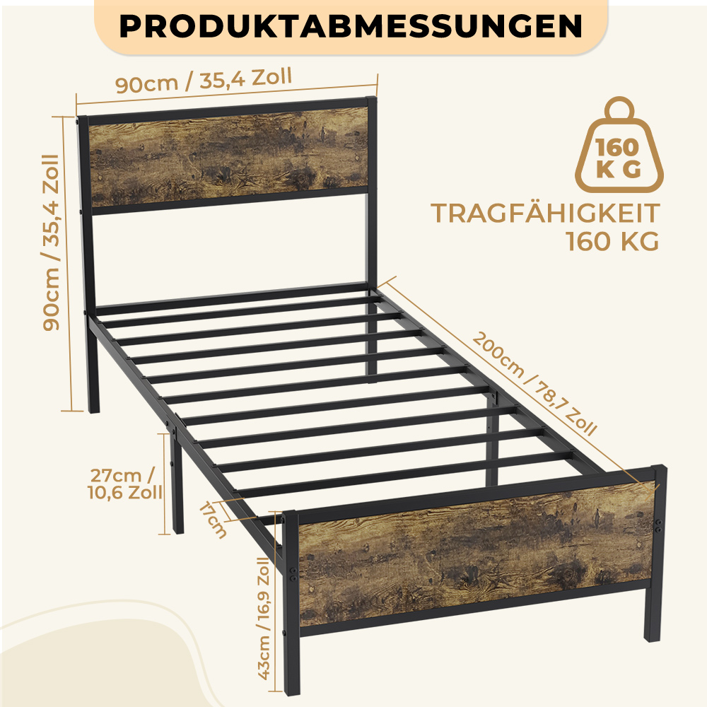 Ein rustikales Metallbettgestell mit Holzoptik-Kopfteil und -Fußteil, Maße sind angegeben.
